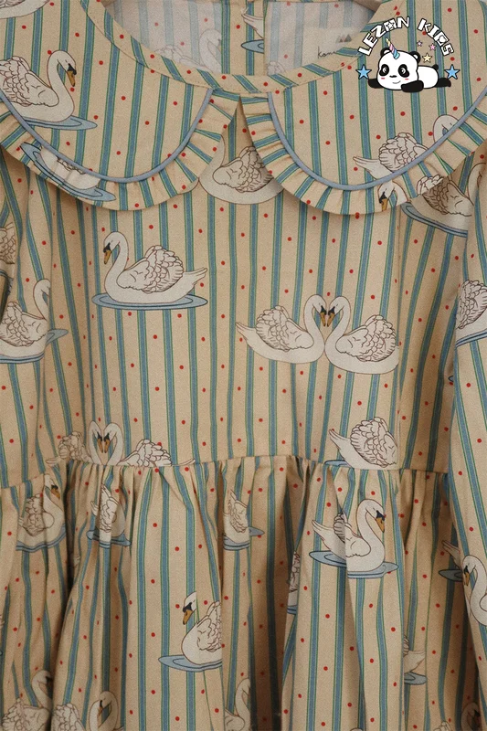 LEZONKIDS - Vestidos Personalizáveis de Alta Qualidade para Meninas com Mangas Longas para Primavera e Outono com Impressão de Cisne e Listras Azuis